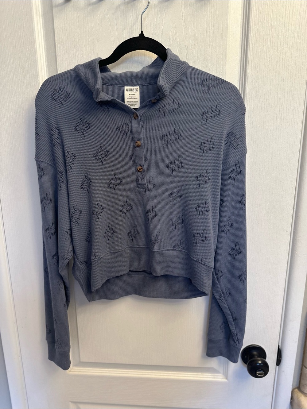 PINK Victoria's Secret Dusty Blue Cropped Pajama Long Sleeve Top